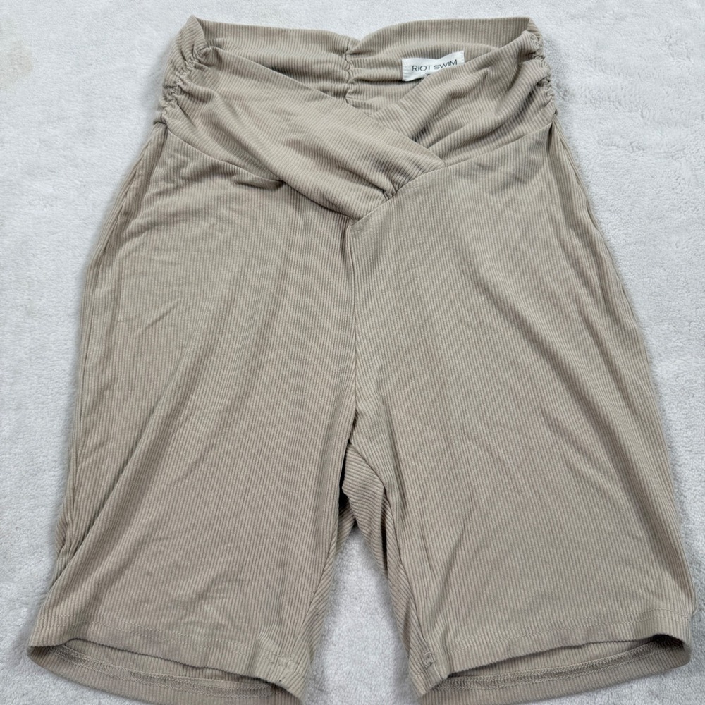 Riot Swim Lounge Ribbed Biker Shorts Tan Beige V-Front Ruched High Waist Large